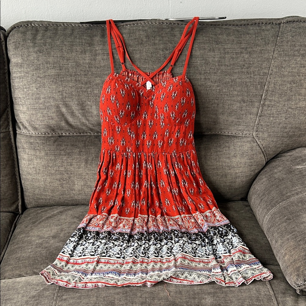 Red Printed Spaghetti-Strap Mini Dress